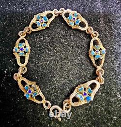 RARE Antique 800 Silver Victorian Style Bracelet Blue Enamel Flower dogwood- S37