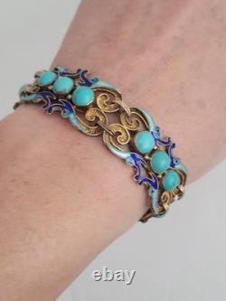 RARE Art Deco Chinese Export Bracelet Sterling Silver Gold Turquoise Blue Enamel