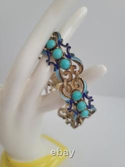 RARE Art Deco Chinese Export Bracelet Sterling Silver Gold Turquoise Blue Enamel