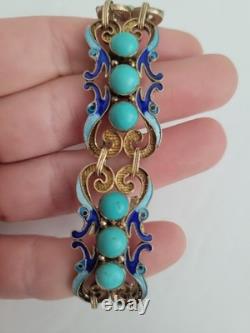 RARE Art Deco Chinese Export Bracelet Sterling Silver Gold Turquoise Blue Enamel