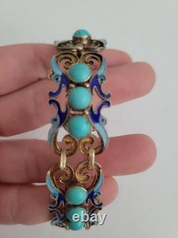 RARE Art Deco Chinese Export Bracelet Sterling Silver Gold Turquoise Blue Enamel