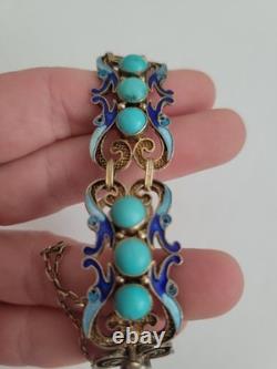 RARE Art Deco Chinese Export Bracelet Sterling Silver Gold Turquoise Blue Enamel