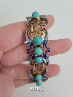 RARE Art Deco Chinese Export Bracelet Sterling Silver Gold Turquoise Blue Enamel