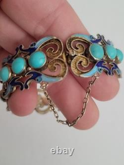 RARE Art Deco Chinese Export Bracelet Sterling Silver Gold Turquoise Blue Enamel