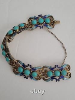 RARE Art Deco Chinese Export Bracelet Sterling Silver Gold Turquoise Blue Enamel