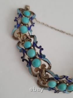 RARE Art Deco Chinese Export Bracelet Sterling Silver Gold Turquoise Blue Enamel