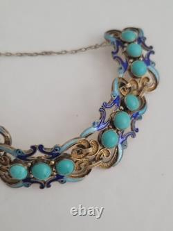 RARE Art Deco Chinese Export Bracelet Sterling Silver Gold Turquoise Blue Enamel