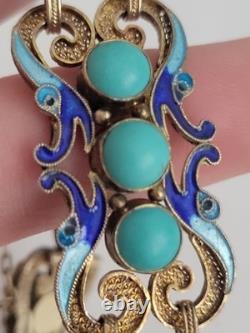 RARE Art Deco Chinese Export Bracelet Sterling Silver Gold Turquoise Blue Enamel