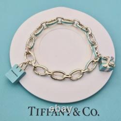 RARE Tiffany & Co Blue Enamel Clasping Oval Link Silver Bracelet with Charms