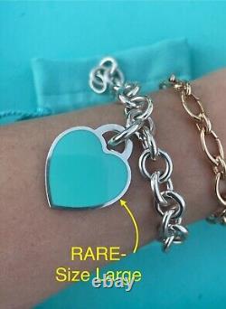 RARE Tiffany & Co Silver 925 LG Blue Enamel Heart Tag Charm Heavy Chain Bracelet