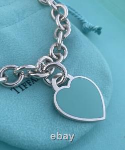 RARE Tiffany & Co Silver 925 LG Blue Enamel Heart Tag Charm Heavy Chain Bracelet