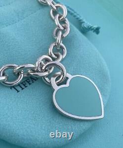 RARE Tiffany & Co Silver 925 LG Blue Enamel Heart Tag Charm Heavy Chain Bracelet