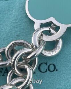 RARE Tiffany & Co Silver 925 LG Blue Enamel Heart Tag Charm Heavy Chain Bracelet