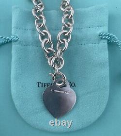 RARE Tiffany & Co Silver 925 LG Blue Enamel Heart Tag Charm Heavy Chain Bracelet