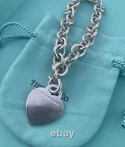 RARE Tiffany & Co Silver 925 LG Blue Enamel Heart Tag Charm Heavy Chain Bracelet