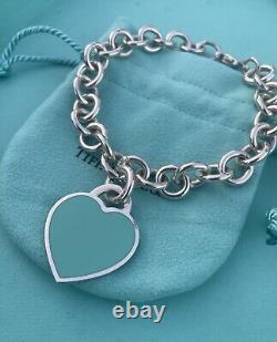 RARE Tiffany & Co Silver 925 LG Blue Enamel Heart Tag Charm Heavy Chain Bracelet