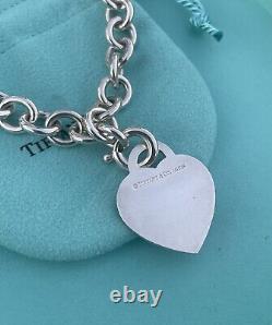 RARE Tiffany & Co Silver 925 LG Blue Enamel Heart Tag Charm Heavy Chain Bracelet