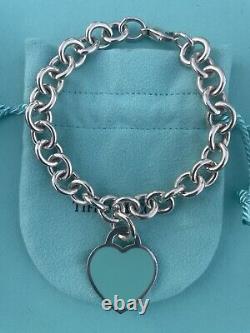 RARE Tiffany & Co Silver 925 LG Blue Enamel Heart Tag Charm Heavy Chain Bracelet