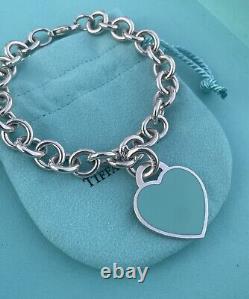 RARE Tiffany & Co Silver 925 LG Blue Enamel Heart Tag Charm Heavy Chain Bracelet