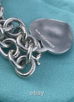 RARE Tiffany & Co Silver 925 LG Blue Enamel Heart Tag Charm Heavy Chain Bracelet