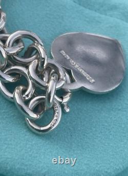 RARE Tiffany & Co Silver 925 LG Blue Enamel Heart Tag Charm Heavy Chain Bracelet