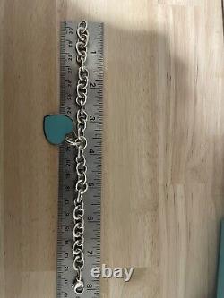 RARE Tiffany & Co Silver 925 LG Blue Enamel Heart Tag Charm Heavy Chain Bracelet