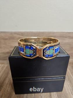 RARE Vintage Michaela Frey Wien Enamel Bracelet Egyptian Scarab Design 24K GP