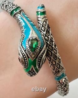 REAL Turquois ONYX Topaz 14K White Gold on SOLID 925 Snake enamel Bracelet blue
