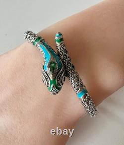REAL Turquois ONYX Topaz 14K White Gold on SOLID 925 Snake enamel Bracelet blue