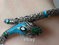 REAL Turquois ONYX Topaz 14K White Gold on SOLID 925 Snake enamel Bracelet blue