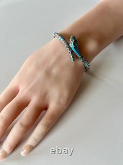 REAL Turquois ONYX Topaz 14K White Gold on SOLID 925 Snake enamel Bracelet blue