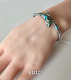 REAL Turquois ONYX Topaz 14K White Gold on SOLID 925 Snake enamel Bracelet blue