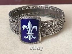 Rare Antique French Noble/Royalty Silver Bracelet Fleur de Lys on Blue Enamel