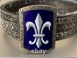Rare Antique French Noble/Royalty Silver Bracelet Fleur de Lys on Blue Enamel