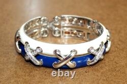 Rare Belle Etoile Sterling Blue/White Enamel Hinged Bangle Bracelet 093WEI