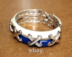 Rare Belle Etoile Sterling Blue/White Enamel Hinged Bangle Bracelet 093WEI
