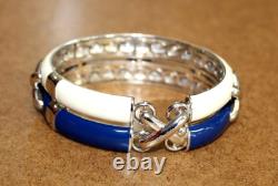Rare Belle Etoile Sterling Blue/White Enamel Hinged Bangle Bracelet 093WEI