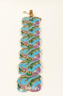 Rare Crown Trifari Bracelet Blue, Green And purple Enamel Golden Tone
