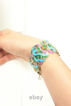 Rare Crown Trifari Bracelet Blue, Green And purple Enamel Golden Tone