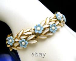 Rare Crown Trifari Bracelet Blue Lucite Plastic Flowers White Enamel Gold Tone