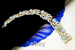 Rare Crown Trifari Bracelet Blue Lucite Plastic Flowers White Enamel Gold Tone