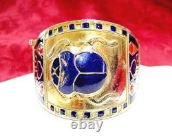 Rare Egyptian Revival Gold Tone Blue Red Enamel Scarab Wide Cuff Bracelet