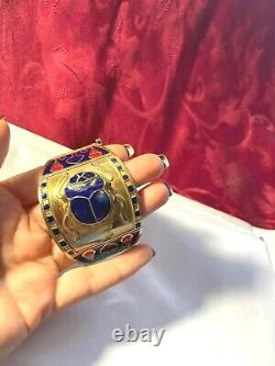 Rare Egyptian Revival Gold Tone Blue Red Enamel Scarab Wide Cuff Bracelet