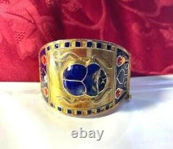 Rare Egyptian Revival Gold Tone Blue Red Enamel Scarab Wide Cuff Bracelet
