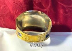 Rare Egyptian Revival Gold Tone Blue Red Enamel Scarab Wide Cuff Bracelet