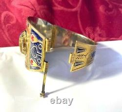 Rare Egyptian Revival Gold Tone Blue Red Enamel Scarab Wide Cuff Bracelet