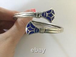 Rare Egyptian Stamped 100% Sterling Silver Blue Enamel LOTUS FLOWER Bracelet! WOW