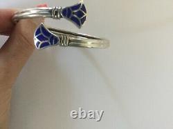 Rare Egyptian Stamped 100% Sterling Silver Blue Enamel LOTUS FLOWER Bracelet! WOW