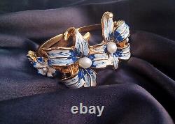 Rare Find Vintage Kenneth Jay Lane KJL Signed Enamel White Blue Lily Bangle Brac