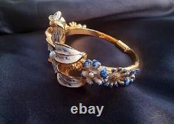 Rare Find Vintage Kenneth Jay Lane KJL Signed Enamel White Blue Lily Bangle Brac